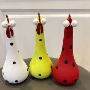 Set of 3 Colorful Polka Dot Resin Long Neck Chicken Figurines, Statues 7.8” Tall